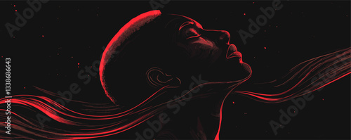 Contemplative red silhouette of woman with flowing hair on black background.