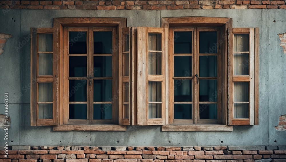 Elegant wooden windows framed in rustic bricks on a textured concrete wall, showcasing three open sections with natural light flowing through. Elegant wooden windows framed in rustic bricks on a textured concrete wall, showcasing three open sections with natural light flowing through.
