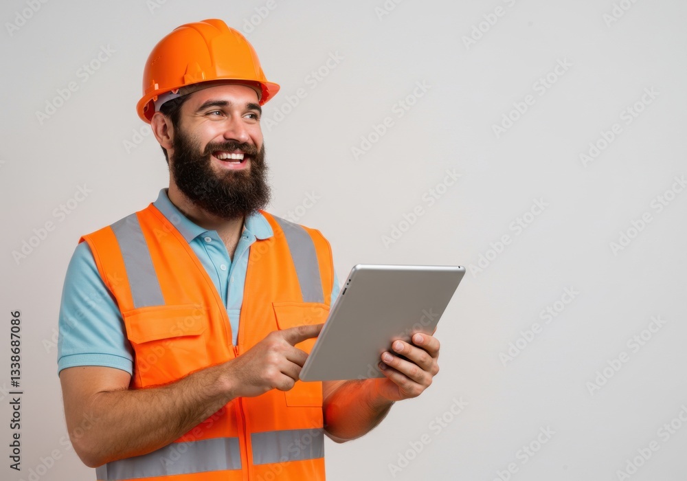 A man wearing an orange hard hat and safety vest holds a tablet while smiling 05 A man wearing an orange hard hat and safety vest holds a tablet while smiling 05