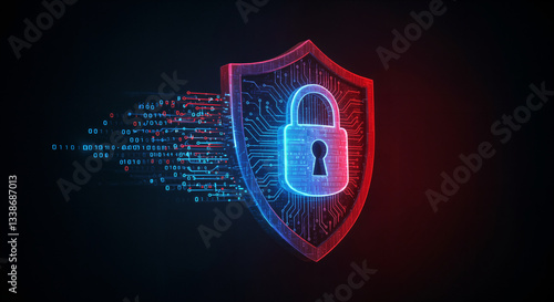 Cybersecurity shield with AI iconography: glowing lock protected by binary code streams, red vs. blue contrast, dynamic angles for posters or cybersecurity campaigns