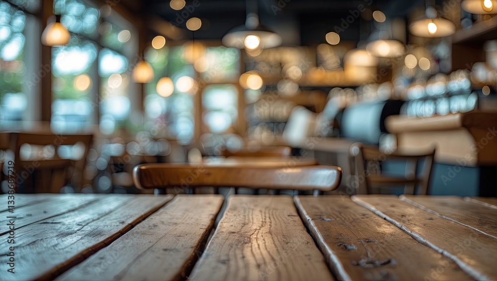 Cozy coffee shop interior with wooden table in foreground, blurred seating area and warm lighting in background creating inviting atmosphere. Cozy coffee shop interior with wooden table in foreground, blurred seating area and warm lighting in background creating inviting atmosphere.
