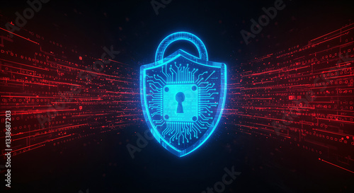 Cybersecurity shield with AI iconography: glowing lock protected by binary code streams, red vs. blue contrast, dynamic angles for posters or cybersecurity campaigns
