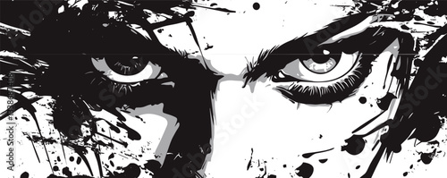 Dramatic monochrome face with intense eyes and splattered paint effect.