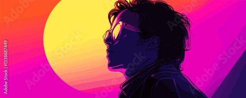 Silhouetted man with sunglasses against vibrant sunset background.