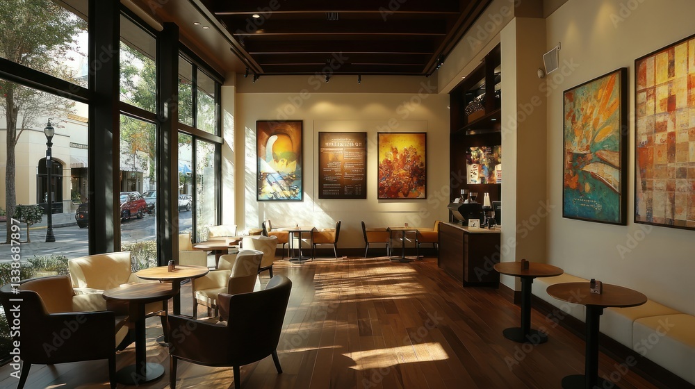 Fototapeta premium Modern cafe interior with city views