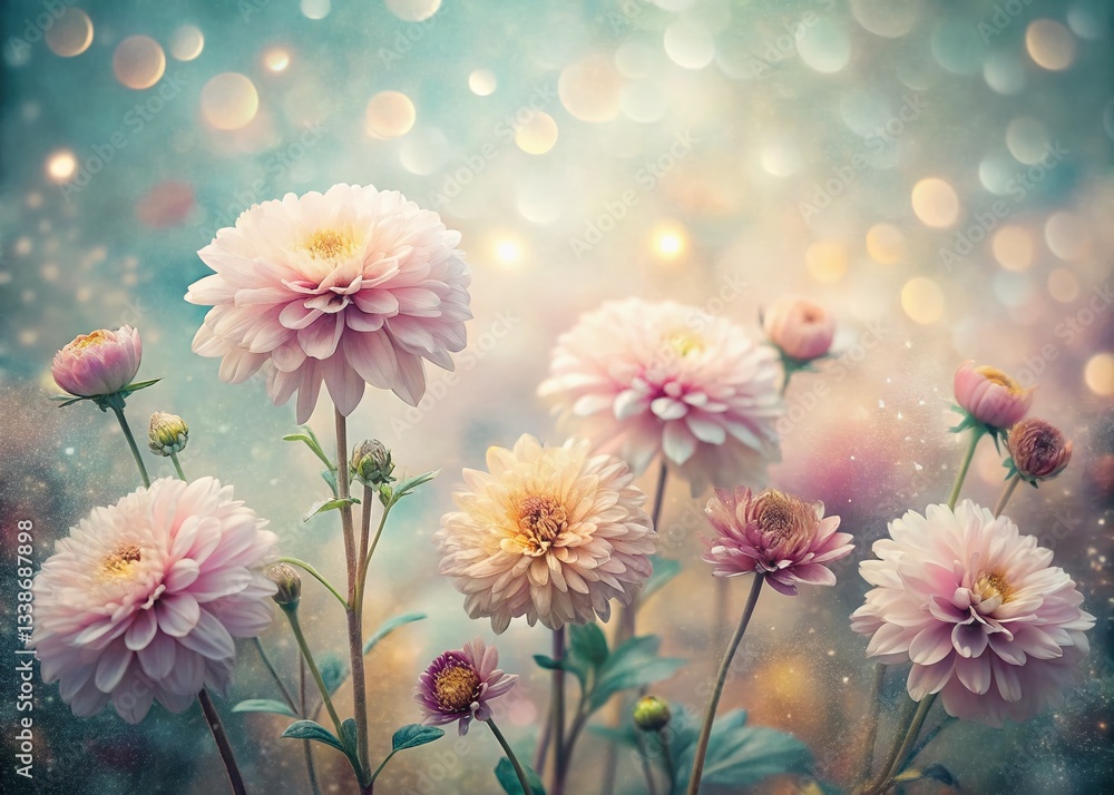 Fototapeta premium Vintage Pastel Flower Illustrations, Foggy Textured Background, Bokeh Effect Stock Photo