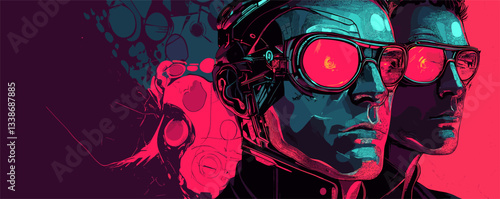 Futuristic men with neon glasses in sci-fi digital art style.