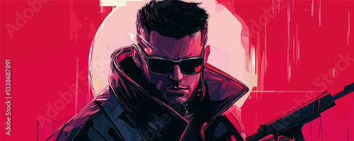 Futuristic portrait of a mysterious man in dark glasses with gun on red background.