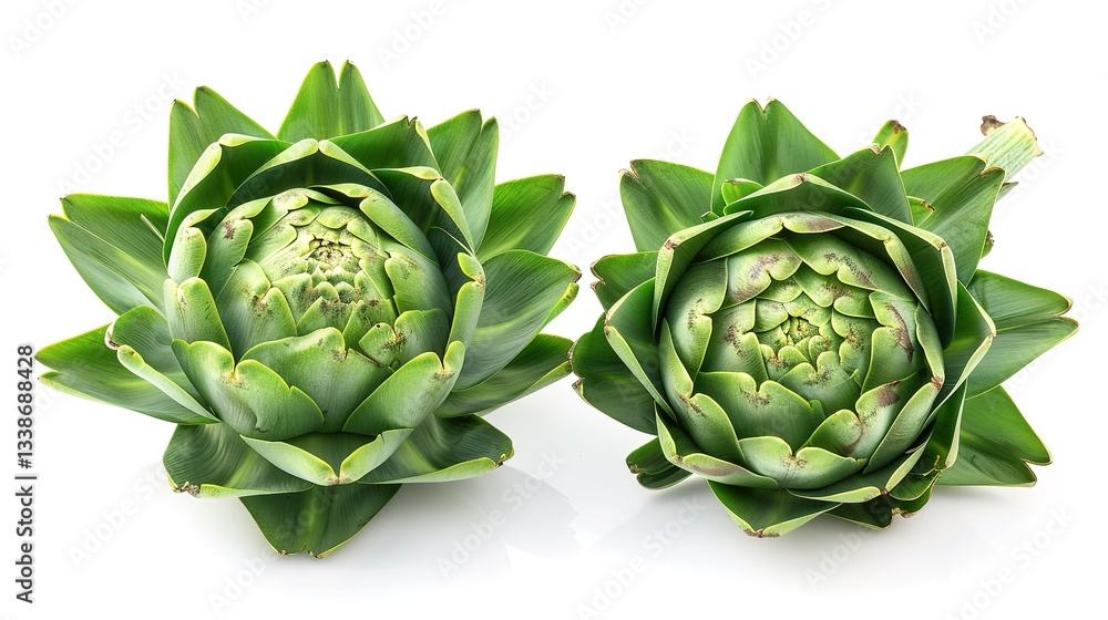 Obraz premium Two fresh green artichokes that have layered leaves and thick stems are isolated on a white background, showcasing a creation from Generative AI. The artichokes' unique structure and vibrant green 