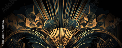 Elegant art deco abstract design with gold and blue geometric patterns and flourishing motifs.