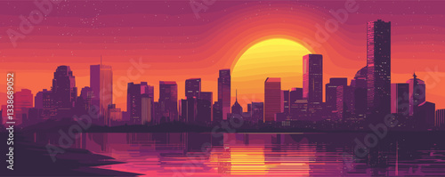 Vibrant urban sunset over city skyline with reflective water.