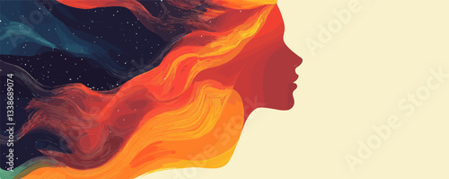 Abstract silhouette of woman with flowing hair in fiery colors on cosmic background.