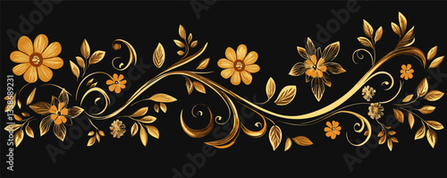 Elegant gold floral design on black background with swirling leaves and blossoms.