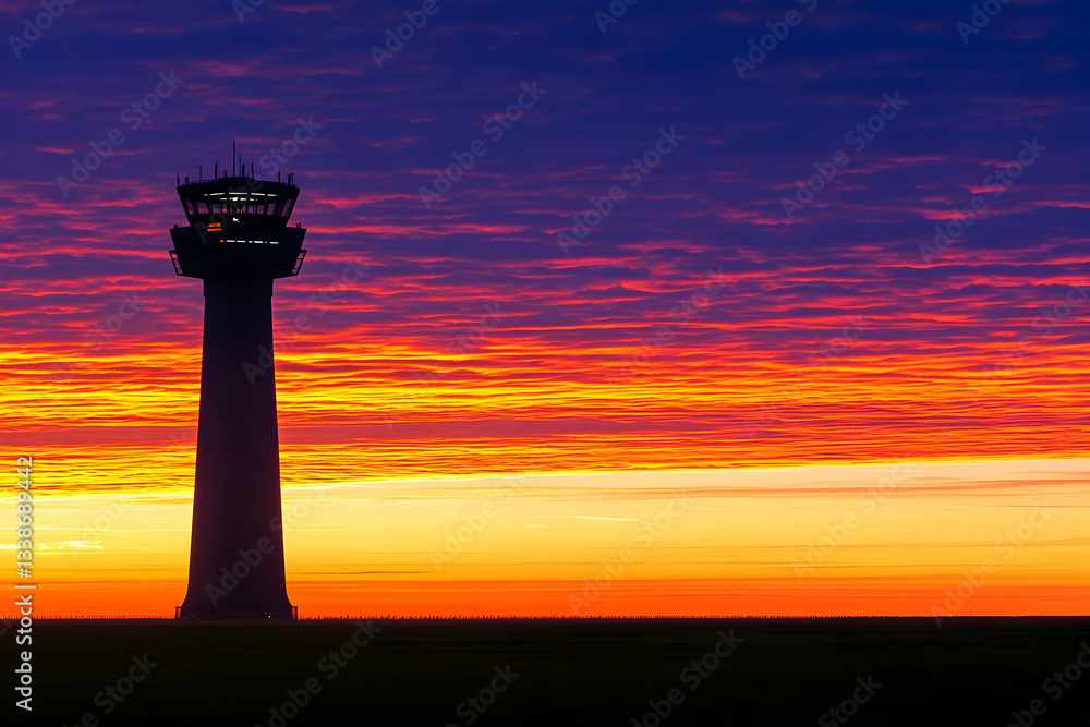 Obraz premium Airport Control Tower at Sunrise, with its silhouette standing tall against vibrant hues of the sky on a clear summer morning.