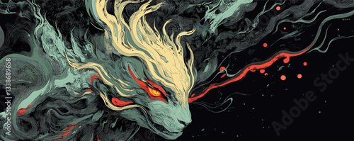 Mysterious mythical creature with fiery eyes and flowing mane in abstract dark setting.