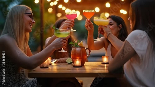 Brindis entre amigas con cócteles en una cena al aire libre con luces cálidas