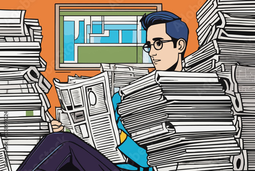 Male Journalist Managing News Stacks - A Media Concept Illustration