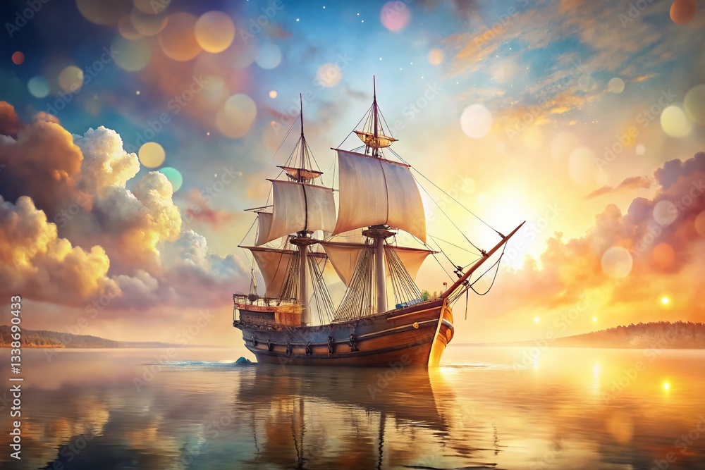 Vintage Mayflower Ship Illustration with Bokeh Background - Nautical Art