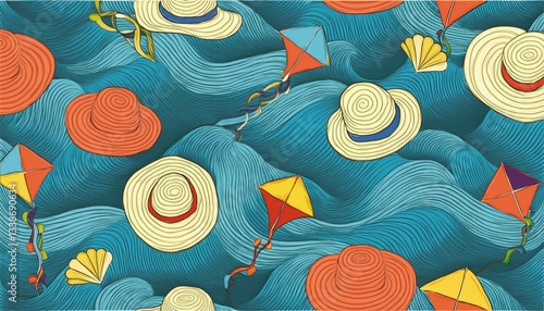 A lively pattern with breezy ocean waves, kites, and beach hats — capturing the essence of a fun, sunny day at the beach.
