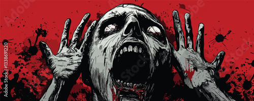 Terrifying expressionist art of screaming figure with red splattered background.
