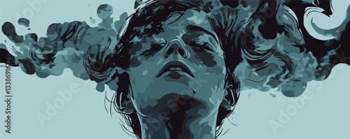 Abstract artistic portrait of a woman with flowing hair and smoke elements.