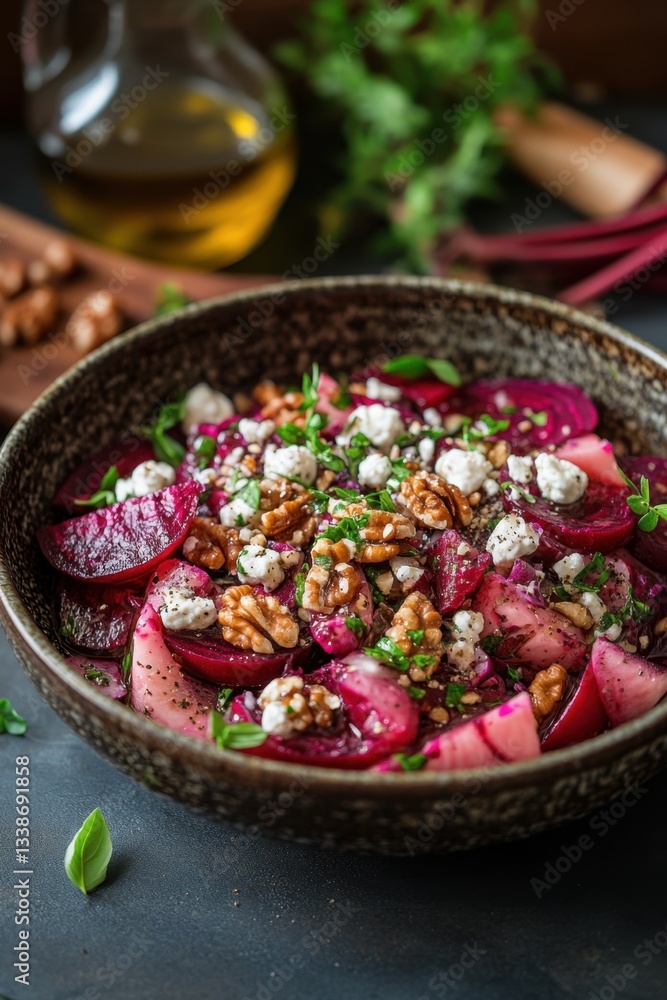 Vibrant beetroot salad with feta cheese and walnuts a culinary delight capturing fresh ingredients and rustic charm in a close up shot Vibrant beetroot salad with feta cheese and walnuts a culinary delight capturing fresh ingredients and rustic charm in a close up shot