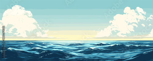 Serene ocean at sunset with calm waves and majestic clouds under a tranquil sky.