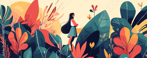 Woman standing in colorful abstract forest with large leaves and plants surrounding.