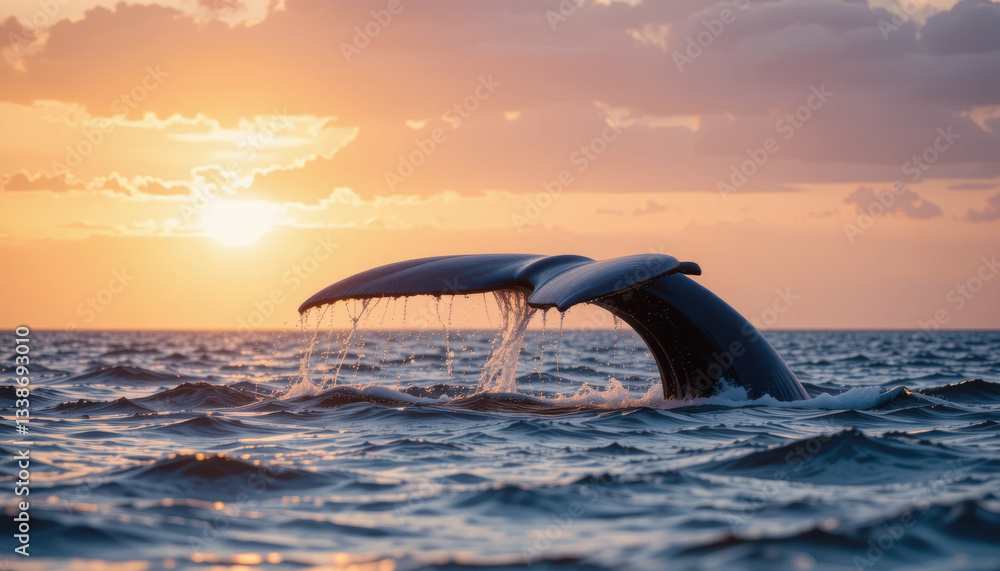 Obraz premium Majestic whale tail emerging from ocean waves at sunset, creating serene and breathtaking scene