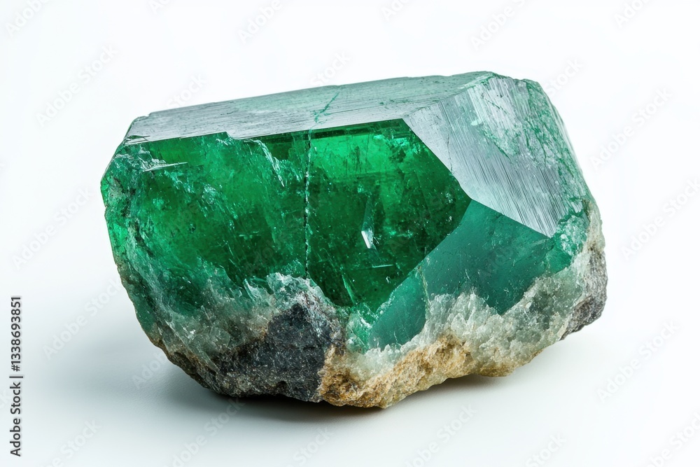 Captivating Close Up of a Vivid Green Emerald Crystal Formation on a Clean White Background Mineral Gemstone Captivating Close Up of a Vivid Green Emerald Crystal Formation on a Clean White Background Mineral Gemstone