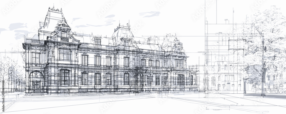 Obraz premium Architectural blueprint of historic building with classical design elements and detailed sketch.