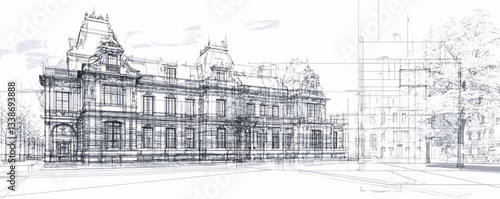 Architectural blueprint of historic building with classical design elements and detailed sketch.