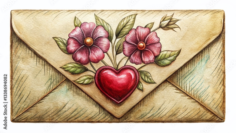 Fototapeta premium Vintage Hand Drawn Ink Sketch: Heart & Flower Envelope - Romantic Postal Illustration