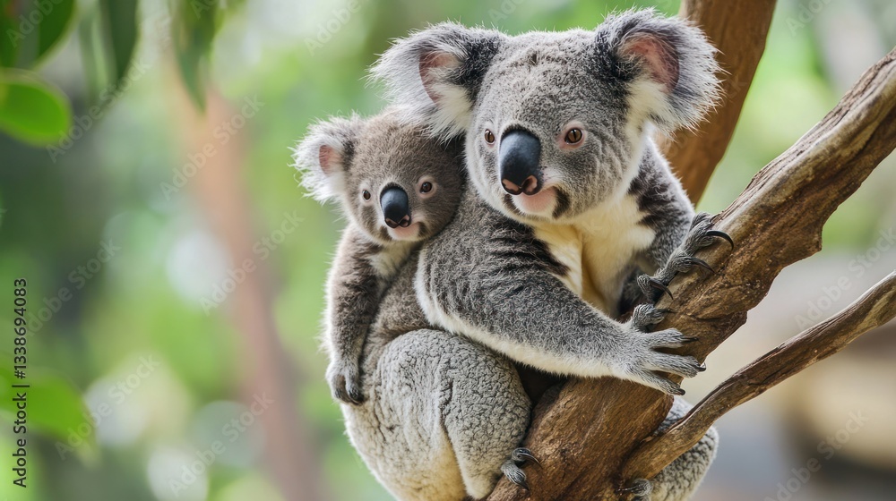 Naklejka premium Mother Koala Carrying Baby in Tree