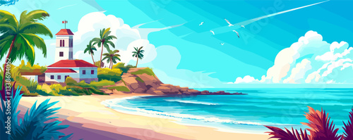 Beautiful tropical beach landscape with lighthouse and palm trees on a sunny day.