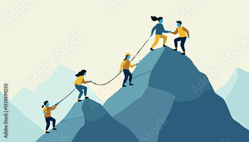 Vector illustration of people climbing a mountain together, symbolizing teamwork and collaboration
