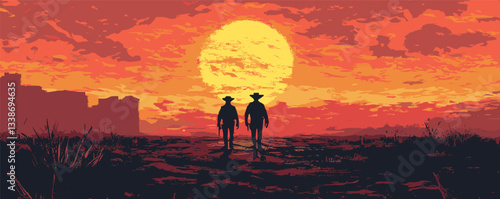 Two cowboys walking at sunset across desert landscape with dramatic sky.
