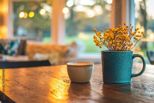 Cozy coffee moment home interior still life warm glow close-up