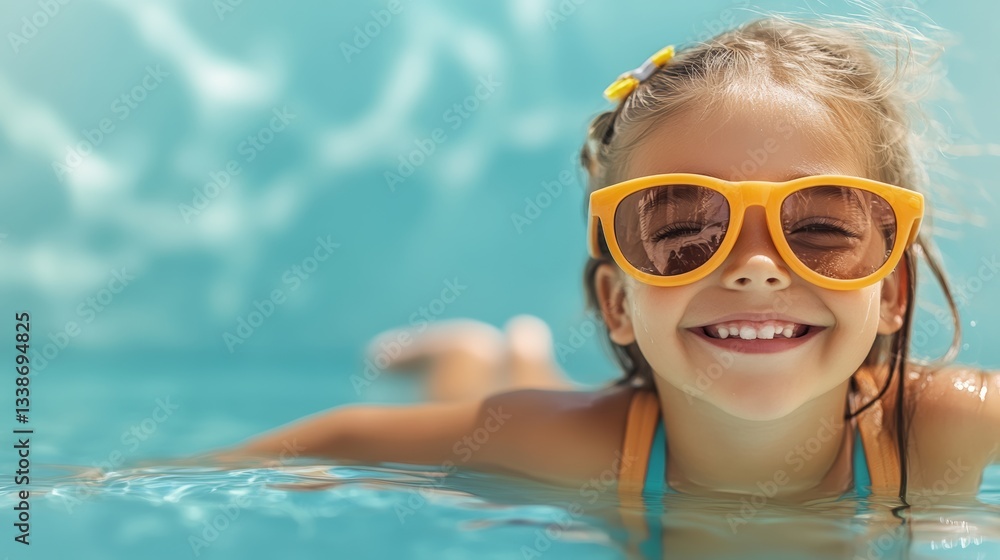 Naklejka premium Young girl is smiling and wearing sunglasses while swimming in a pool