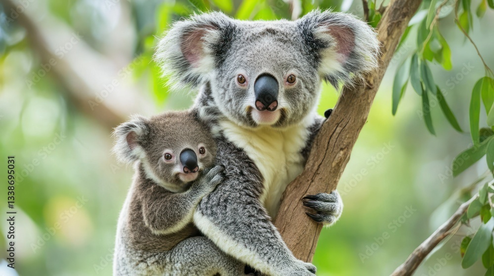 Fototapeta premium Koala mother and joey in a tree. Possible use wildlife, nature, conservation, education
