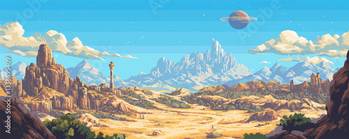 Majestic alien landscape with rugged mountains, tower, and ringed planet under a starry sky.