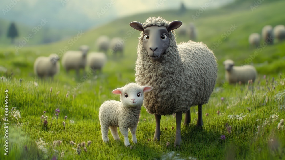 Obraz premium Animated sheep mother and lamb in a grassy meadow