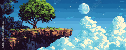 Pixel art landscape of cliff with tree overlooking clouds and moonlit sky.