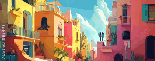 Colorful mediterranean street scene with vibrant buildings and clear blue sky.