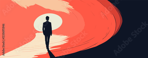 Silhouetted man walking into abstract sunburst with bold colors and dynamic shapes.