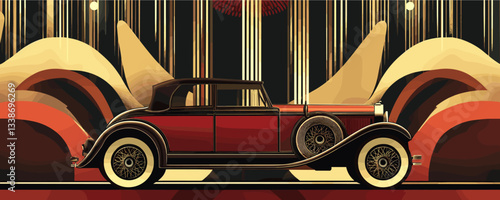 Vintage classic car on stylish background with elegant art deco elements.