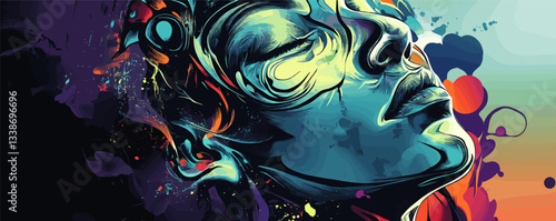 Abstract portrait of a woman in vibrant colors with closed eyes and artistic brushstrokes.