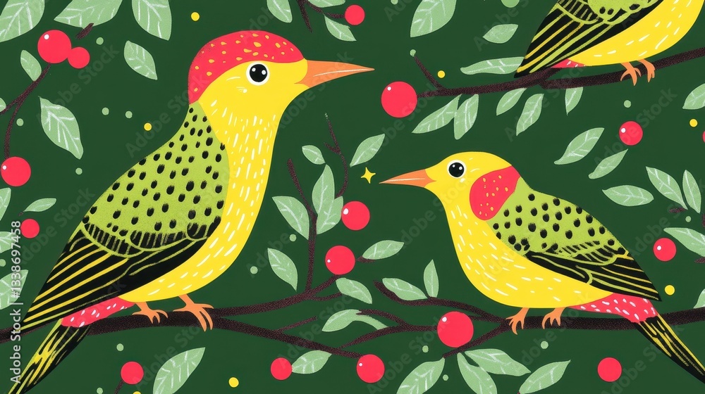 Naklejka premium Cute Birds Seamless Pattern with Green Leaves.