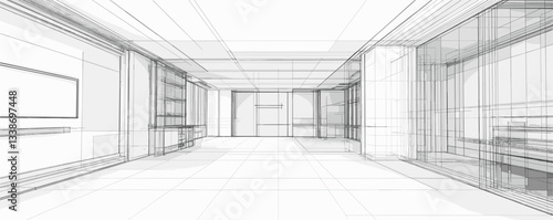 Modern architectural interior design concept with sketch lines and open space perspective.