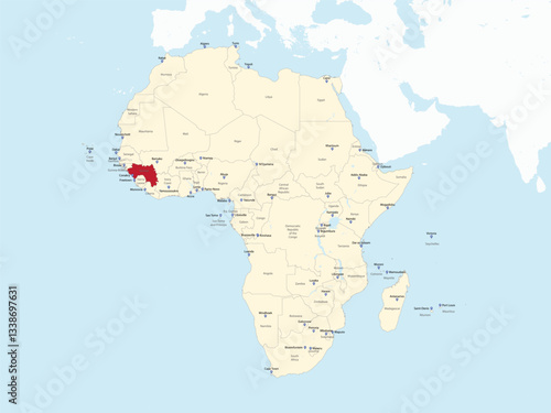 Detailed national location map of GUINEA within the great continent of Africa